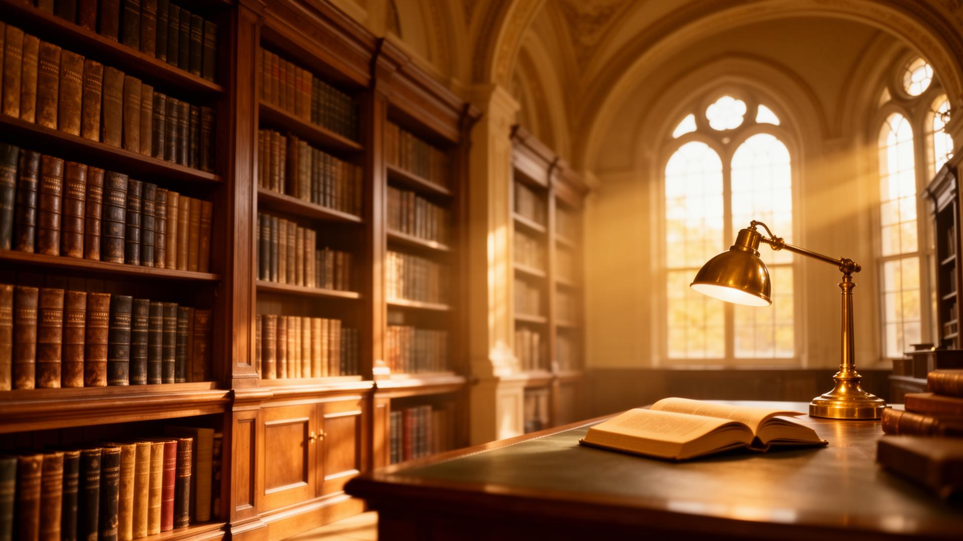 Biblioteca accademica con scaffali in legno e libri rilegati