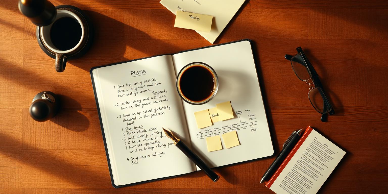 Scrivania con quaderno aperto, penna stilografica e piano di lavoro